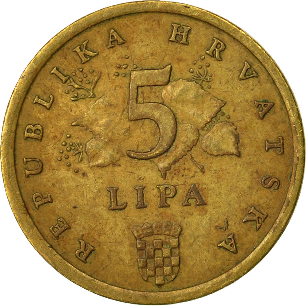 Moneta, Chorwacja, 5 Lipa, 1997, VF(30-35), Mosiądz platerowany stalą, KM:5