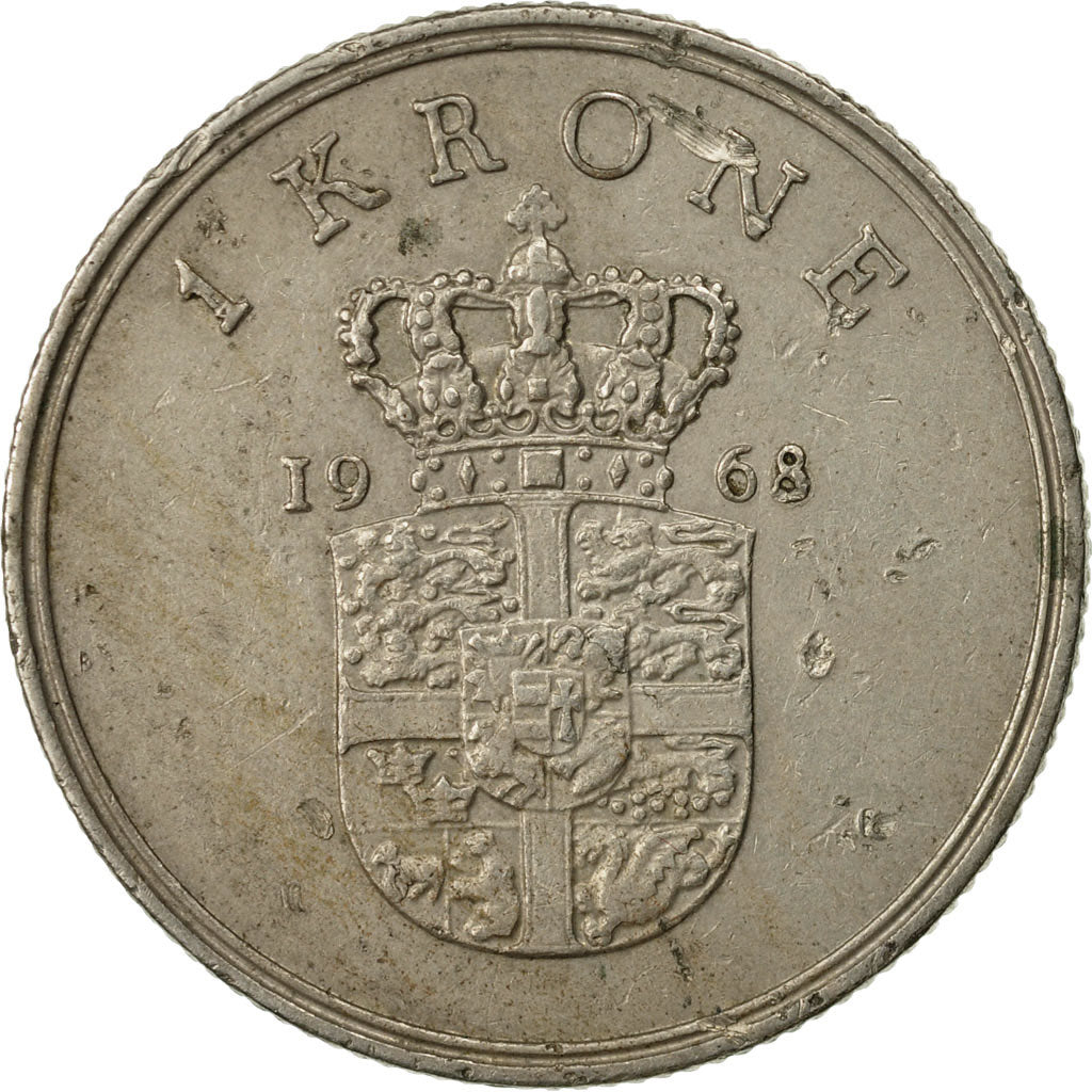 Coin, Denmark, Frederik IX, Krone, 1968, Copenhagen, VF(30-35), Copper-nickel