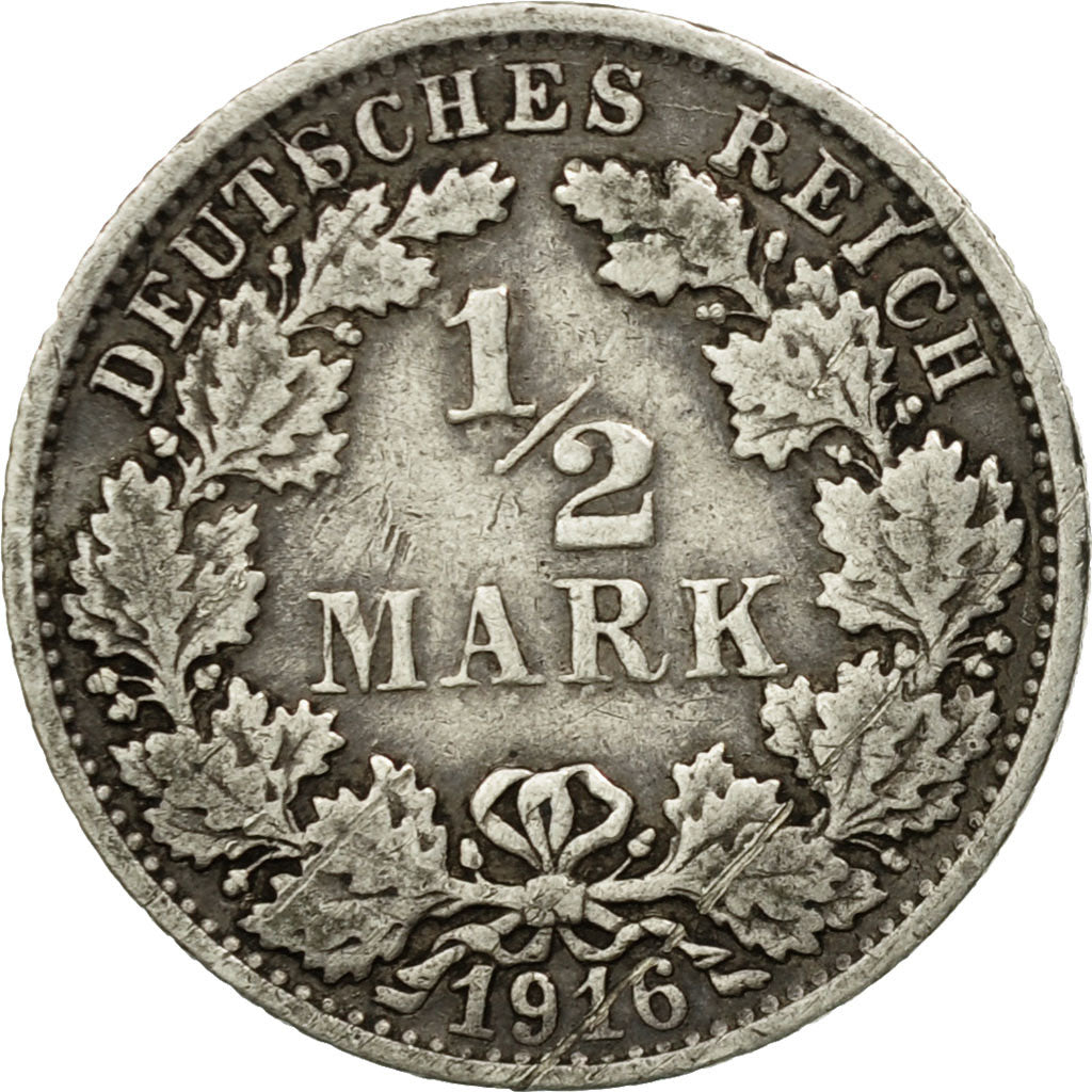 Coin, GERMANY - EMPIRE, 1/2 Mark, 1916, Stuttgart, EF(40-45), Silver, KM:17