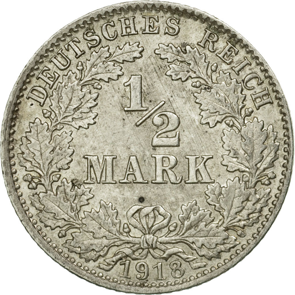 Coin, GERMANY - EMPIRE, 1/2 Mark, 1918, Munich, EF(40-45), Silver, KM:17