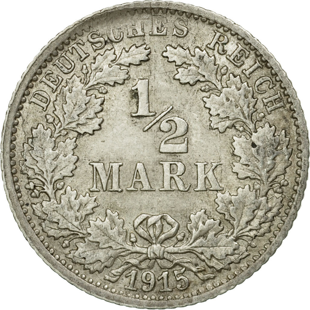 Coin, GERMANY - EMPIRE, 1/2 Mark, 1915, Stuttgart, EF(40-45), Silver, KM:17