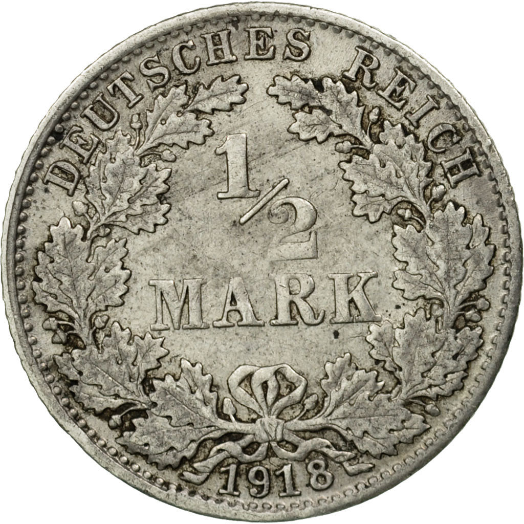 Coin, GERMANY - EMPIRE, 1/2 Mark, 1918, Munich, EF(40-45), Silver, KM:17
