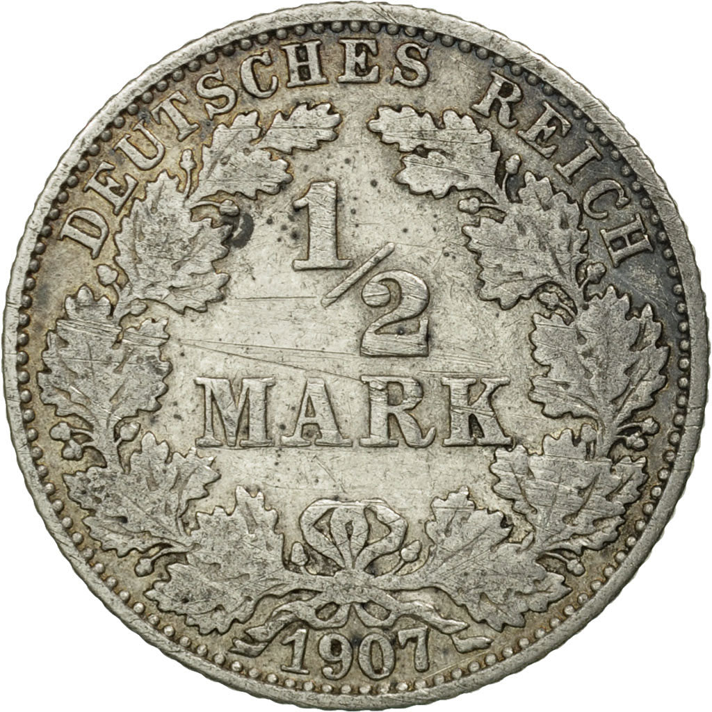 Coin, GERMANY - EMPIRE, 1/2 Mark, 1907, Hambourg, EF(40-45), Silver, KM:17