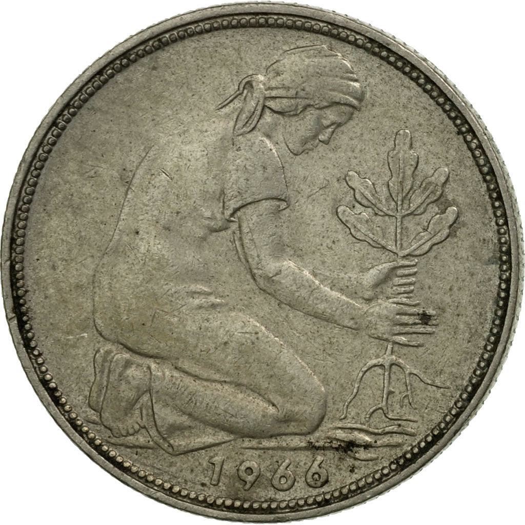 Moneda, ALEMANIA - REPÚBLICA FEDERAL, 50 Pfennig, 1966, Stuttgart, MBC, Cobre -