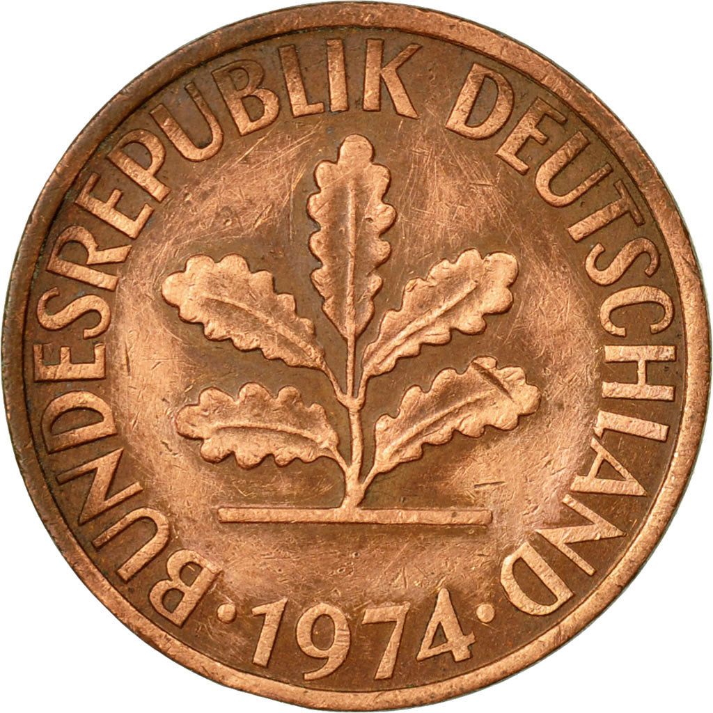 Coin, GERMANY - FEDERAL REPUBLIC, 2 Pfennig, 1974, Karlsruhe, EF(40-45), Copper