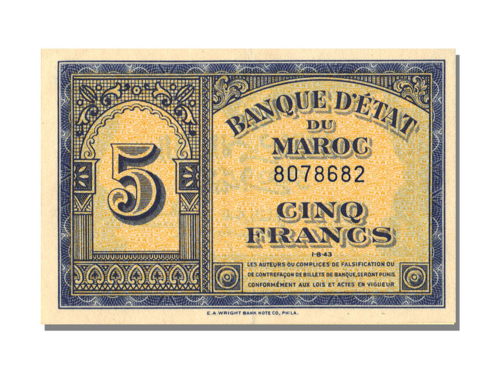 Morocco, 5 Francs, 1943, KM #24, 1943-08-01, UNC(63), 8078682