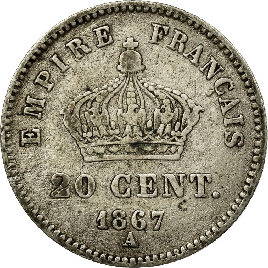 Moneda, Francia, Napoleon III, Napoléon III, 20 Centimes, 1867, Paris, BC+