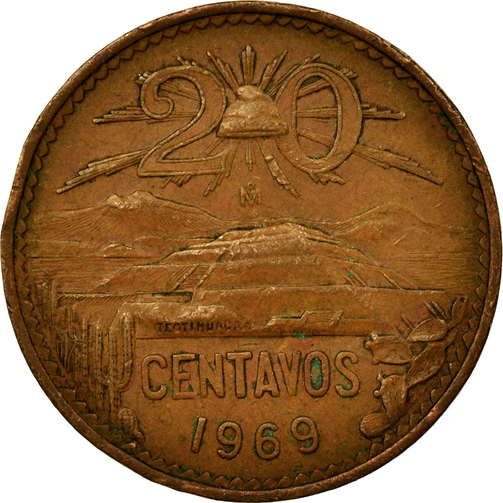 Moneda, México, 20 Centavos, 1969, Mexico City, MBC, Bronce, KM:440