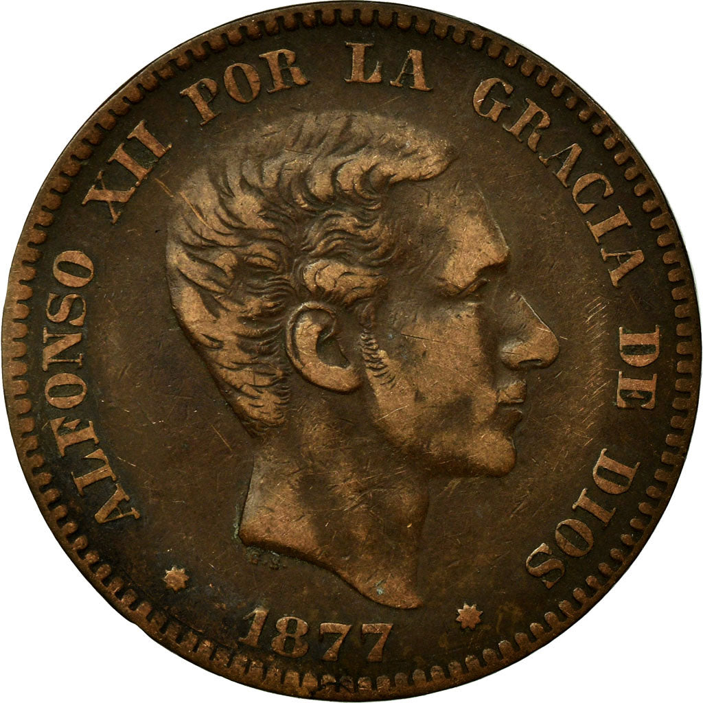 Moneda, España, Alfonso XII, 10 Centimos, 1877, Madrid, MBC, Bronce, KM:675