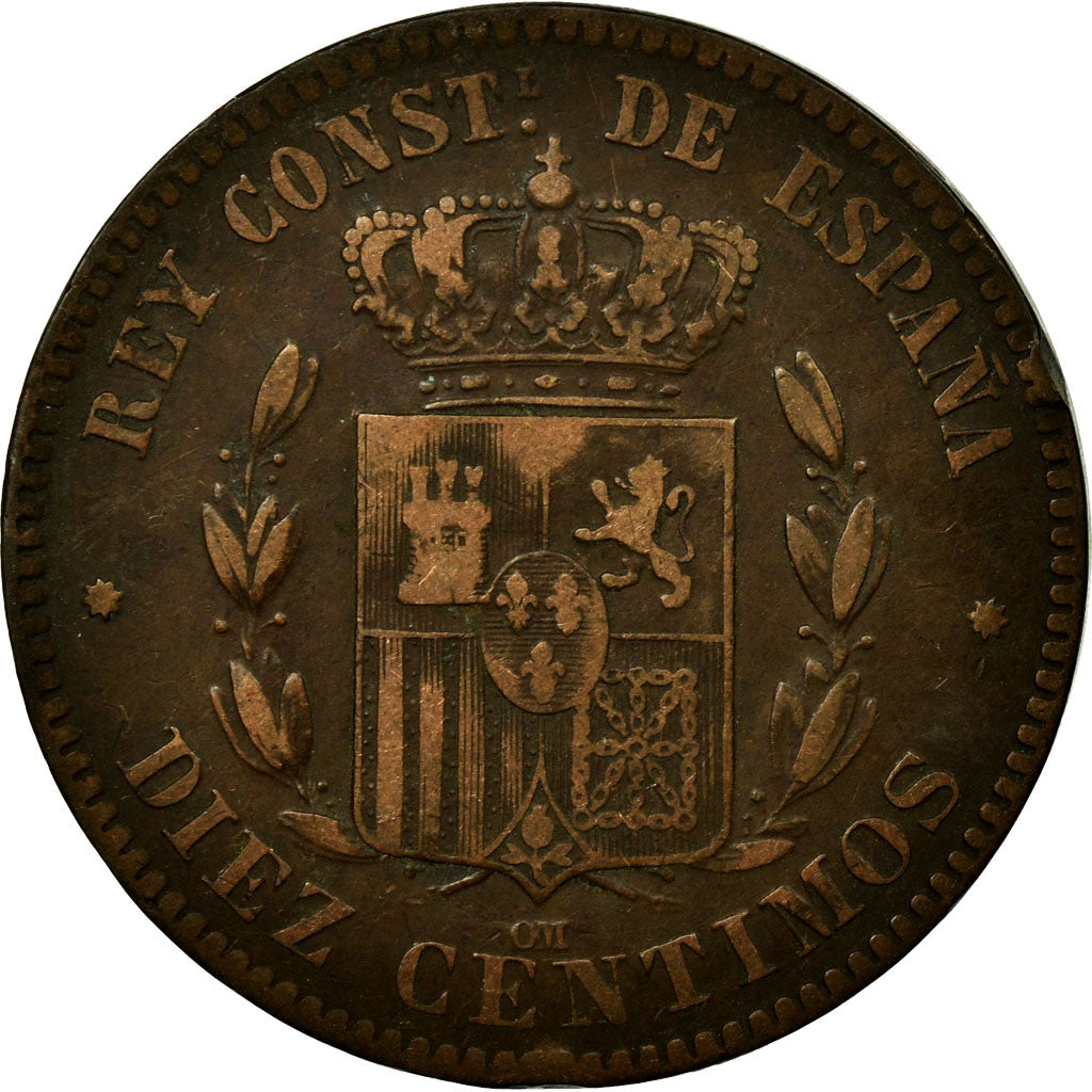 Moneda, España, Alfonso XII, 10 Centimos, 1877, Madrid, MBC, Bronce, KM:675