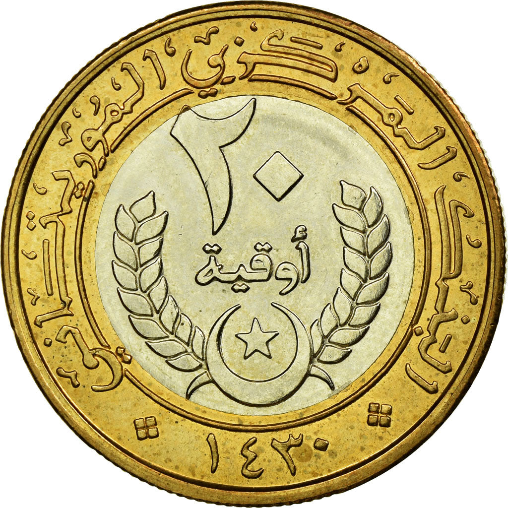 Moneda, Mauritania, 20 Ouguiya, 2009, EBC, Bimetálico, KM:8