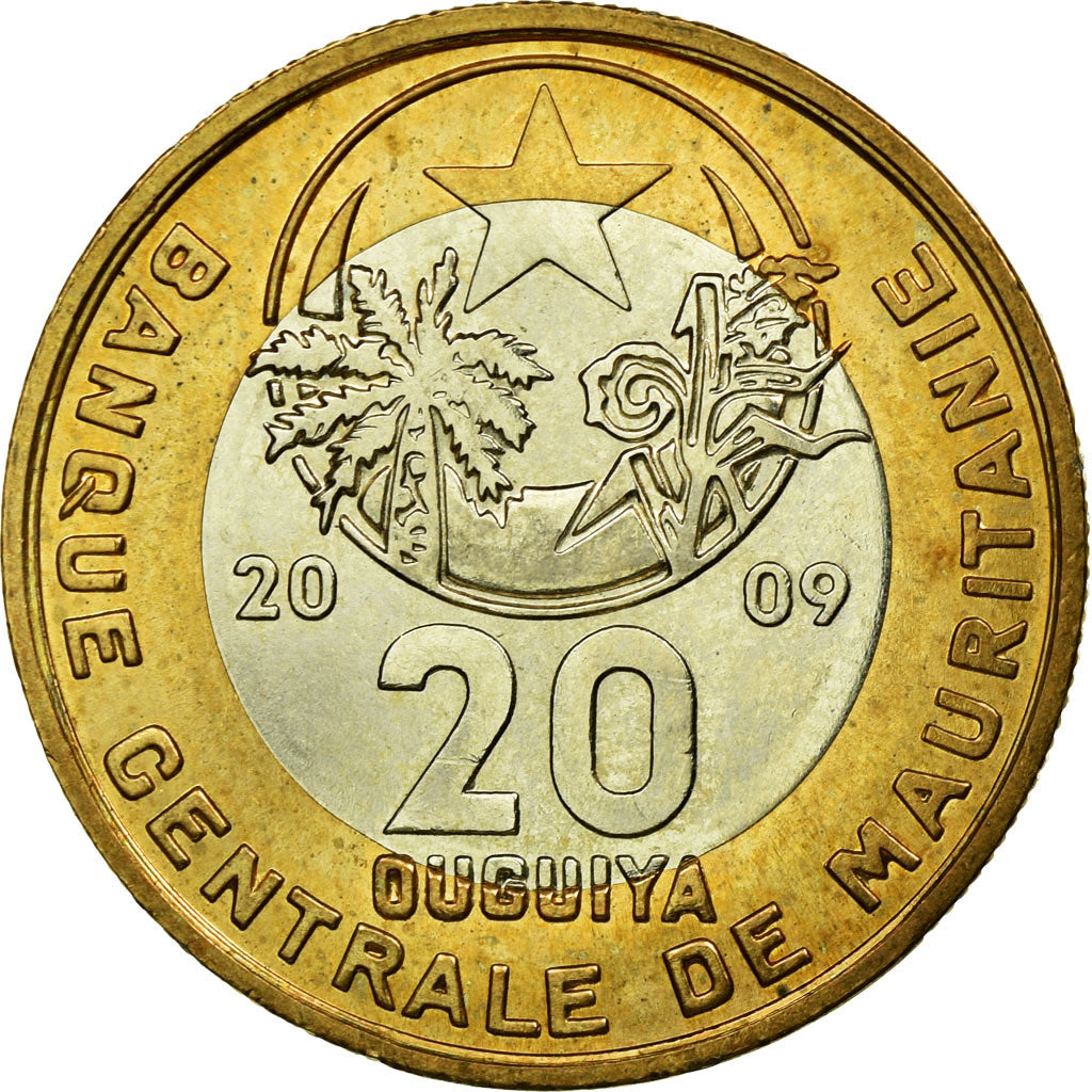 Moneda, Mauritania, 20 Ouguiya, 2009, EBC, Bimetálico, KM:8