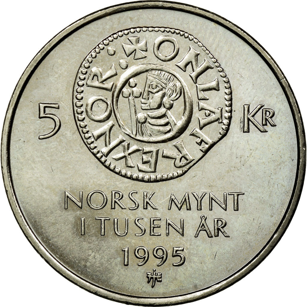 Coin, Norway, Harald V, 5 Kroner, 1995, EF(40-45), Copper-nickel, KM:456