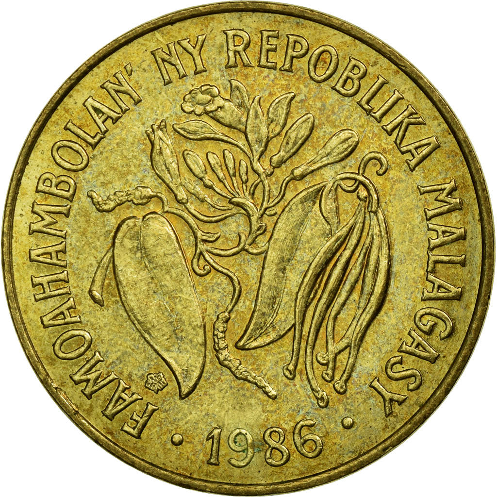 Coin, Madagascar, 10 Francs, 2 Ariary, 1986, Paris, EF(40-45), Aluminum-Bronze