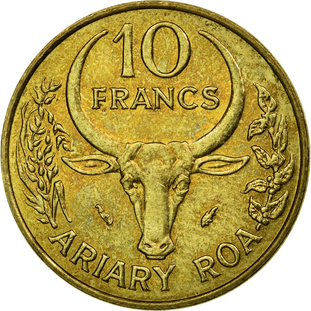 Coin, Madagascar, 10 Francs, 2 Ariary, 1986, Paris, EF(40-45), Aluminum-Bronze