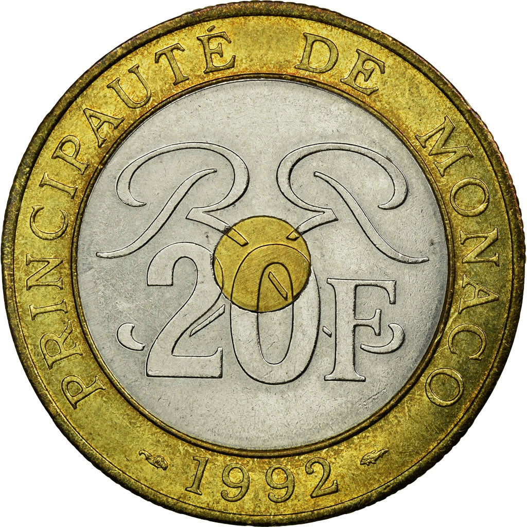 Coin, Monaco, Rainier III, 20 Francs, 1992, EF(40-45), Tri-Metallic, KM:165