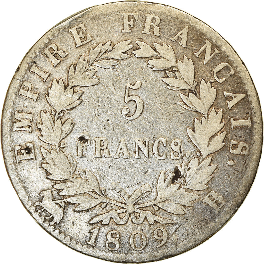 Coin, France, Napoléon I, 5 Francs, 1809, Rouen, VF(20-25), Silver, KM:694.2