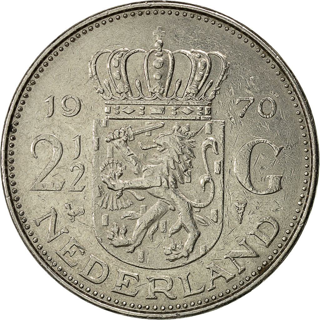 Moneda, Países Bajos, Juliana, 2-1/2 Gulden, 1970, BC+, Níquel, KM:191