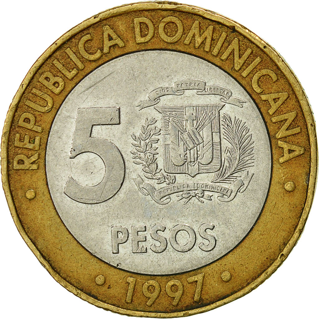 Munten, Dominicaanse Republiek, 5 Pesos, 1997, FR, Bi-Metallic, KM:88