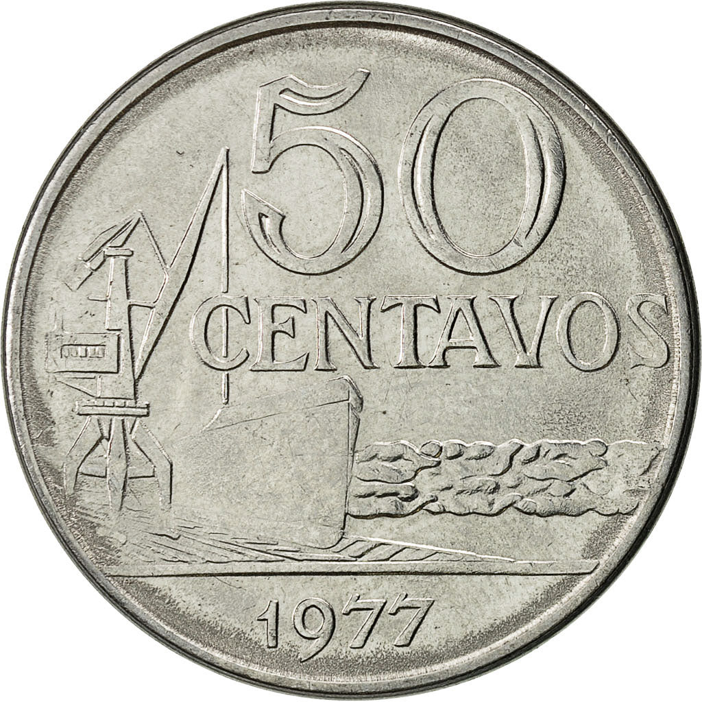 Moneda, Brasil, 50 Centavos, 1977, MBC, Acero inoxidable, KM:580b