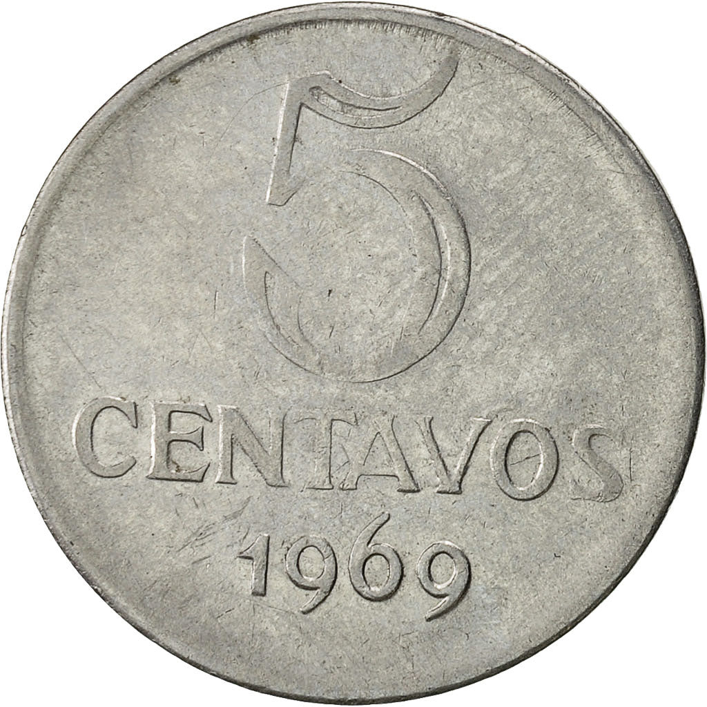 Moneta, Brasile, 5 Centavos, 1969, MB+, Acciaio inossidabile, KM:577.2