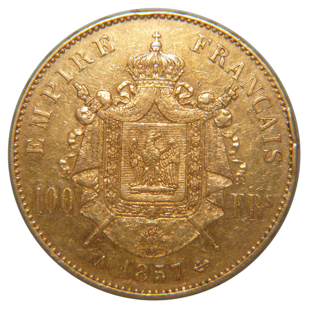 FRANCE, Napoléon III, 100 Francs, 1857, Paris, KM #786.1, AU(50-53), Gold, G...