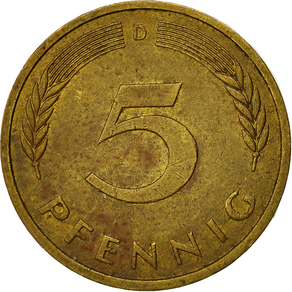 Moneda, ALEMANIA - REPÚBLICA FEDERAL, 5 Pfennig, 1980, Munich, BC+, Latón
