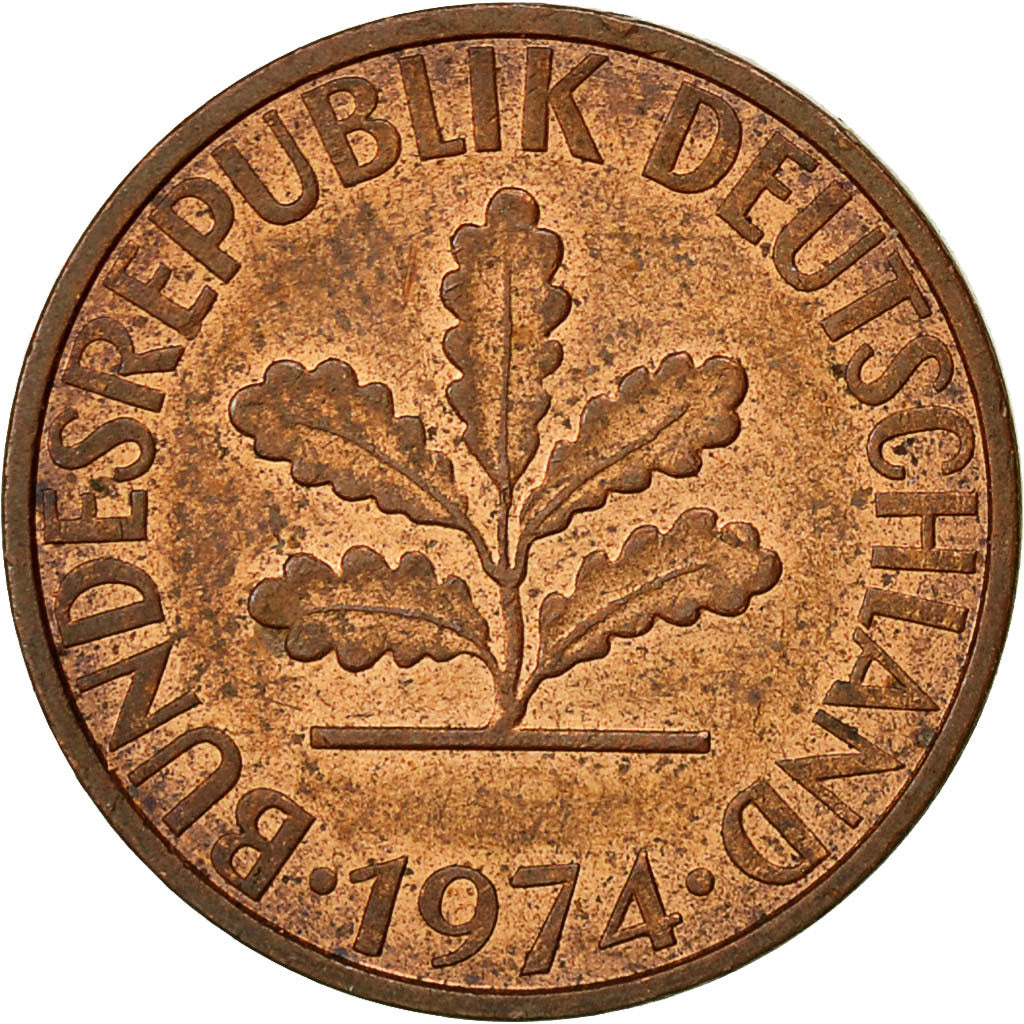 Münze, Bundesrepublik Deutschland, 2 Pfennig, 1974, Hambourg, S+, Copper Plated