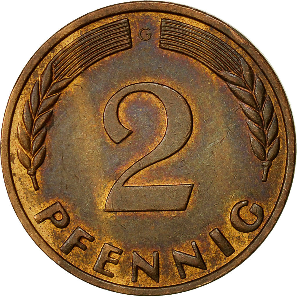 Coin, GERMANY - FEDERAL REPUBLIC, 2 Pfennig, 1966, Karlsruhe, EF(40-45), Bronze