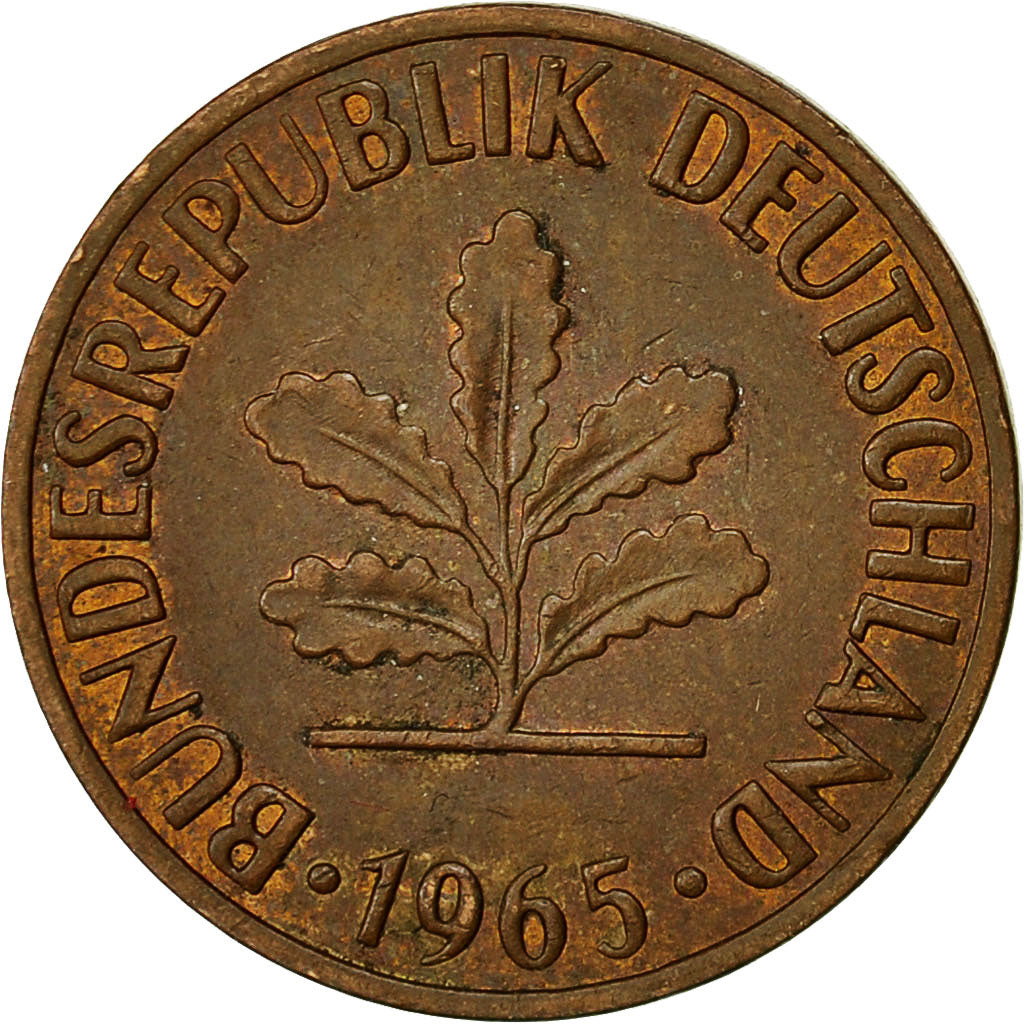 Coin, GERMANY - FEDERAL REPUBLIC, 2 Pfennig, 1965, Karlsruhe, EF(40-45), Bronze