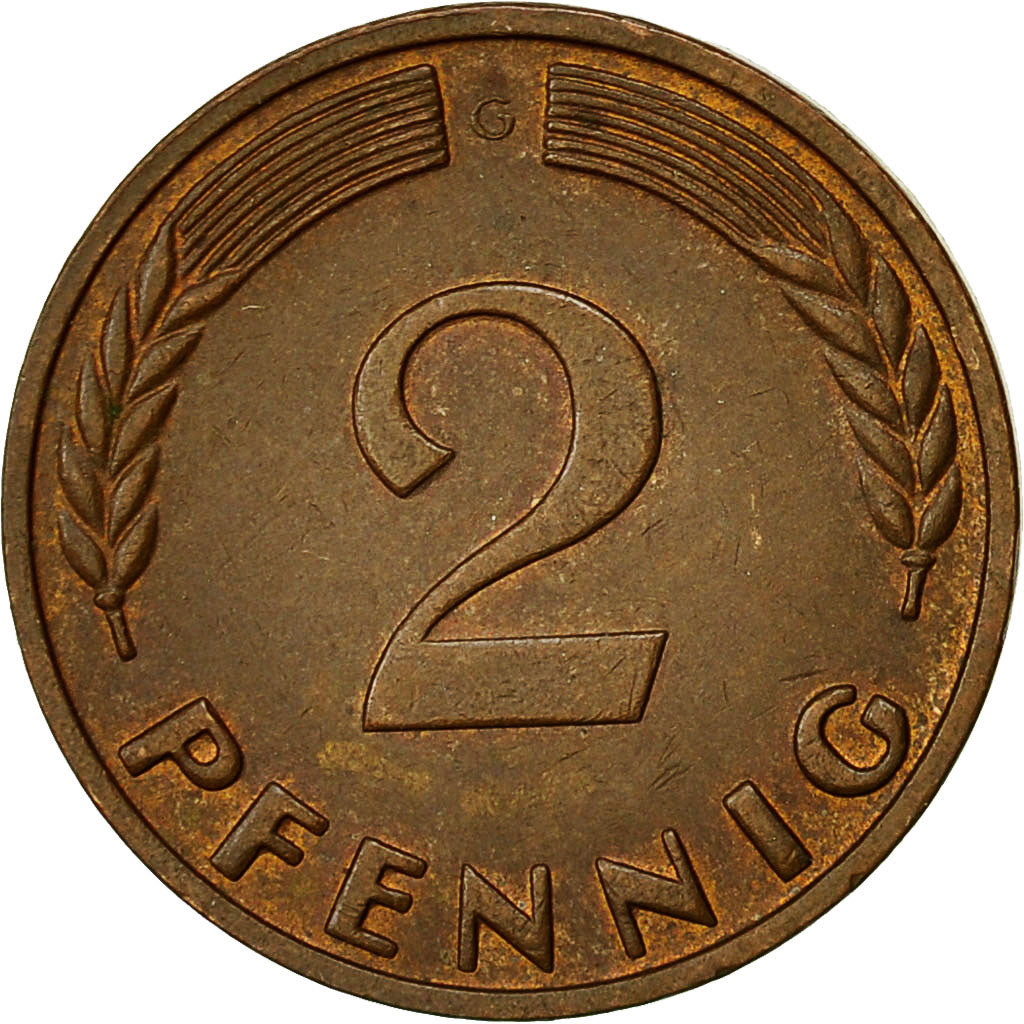 Coin, GERMANY - FEDERAL REPUBLIC, 2 Pfennig, 1965, Karlsruhe, EF(40-45), Bronze