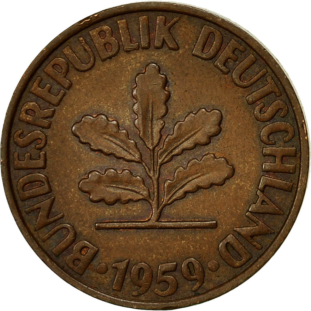 Coin, GERMANY - FEDERAL REPUBLIC, 2 Pfennig, 1959, Karlsruhe, EF(40-45), Bronze