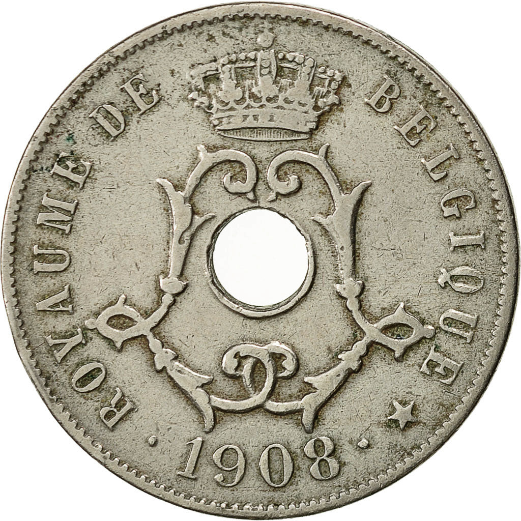Moneta, Belgia, 25 Centimes, 1908, AU(50-53), Miedź-Nikiel, KM:62