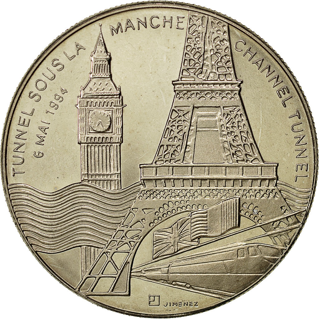 France, Medal, Tunnel sous la Manche - Elizabeth II, Mitterrand, 1994, Jimenez