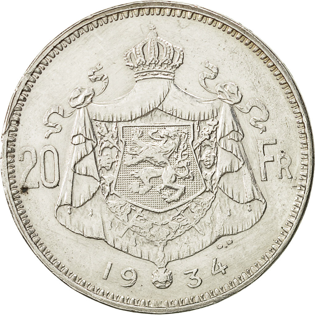 Belgium, 20 Francs, 20 Frank, 1934, AU(50-53), Silver, KM:103.1