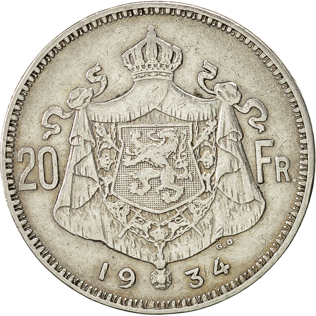 Belgio, 20 Francs, 20 Frank, 1934, BB+, Argento, KM:104.1