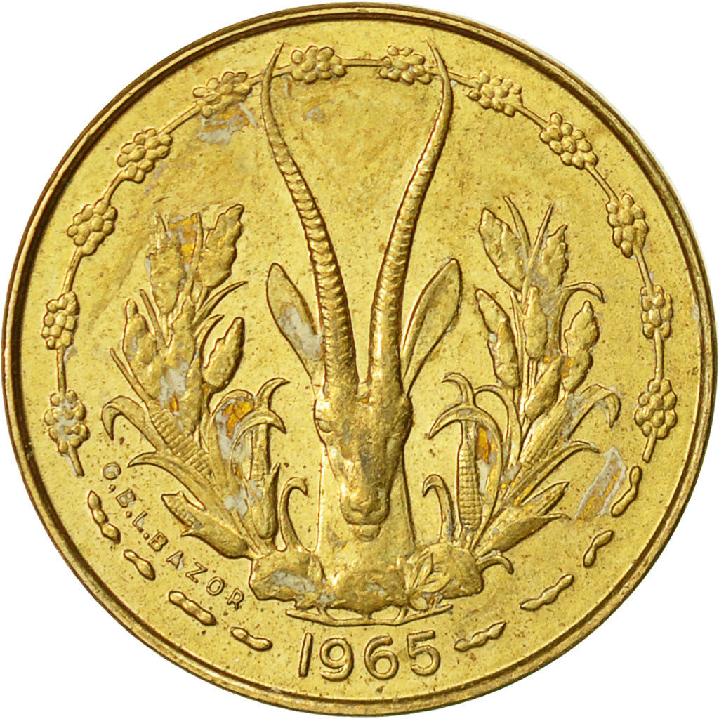 West African States, 5 Francs, 1965, AU(55-58), Aluminum-Nickel-Bronze, KM:2a