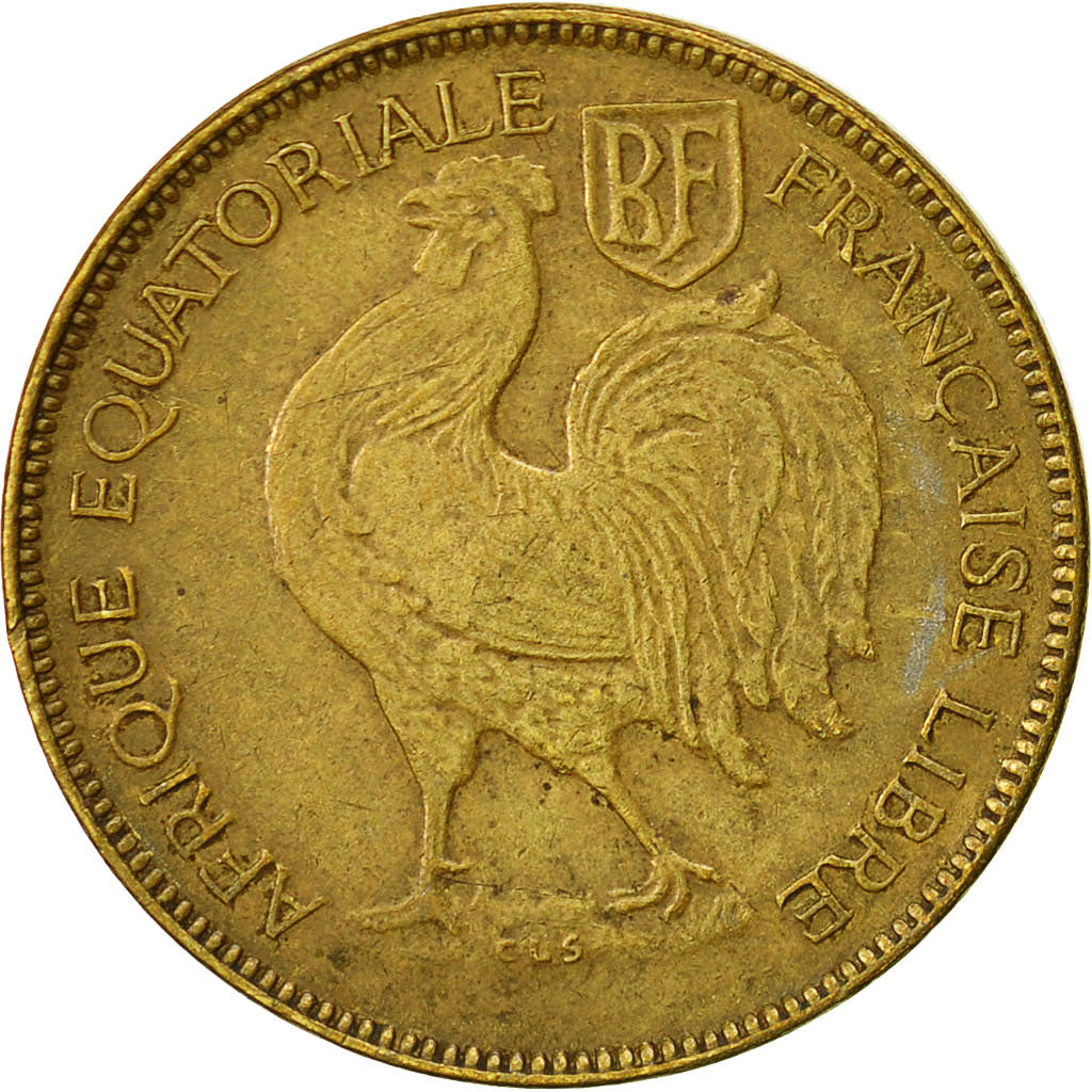French Equatorial Africa, Franc, 1942, Pretoria, EF(40-45), Brass, KM:2