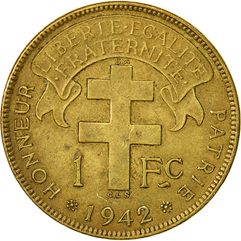 French Equatorial Africa, Franc, 1942, Pretoria, EF(40-45), Brass, KM:2