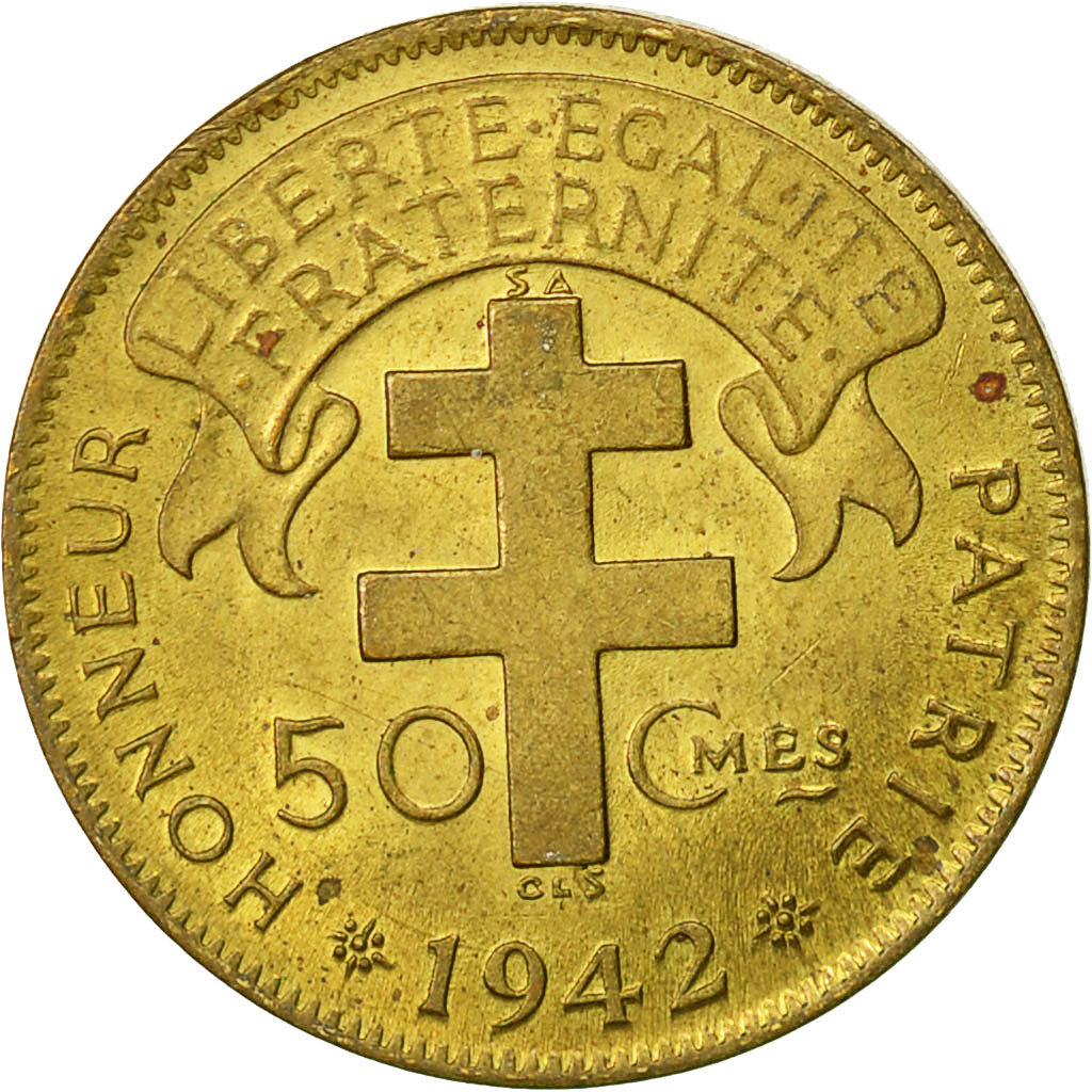 Französisch-Äquatorialafrika, 50 Centimes, 1942, Pretoria, SS+, Messing, KM:1