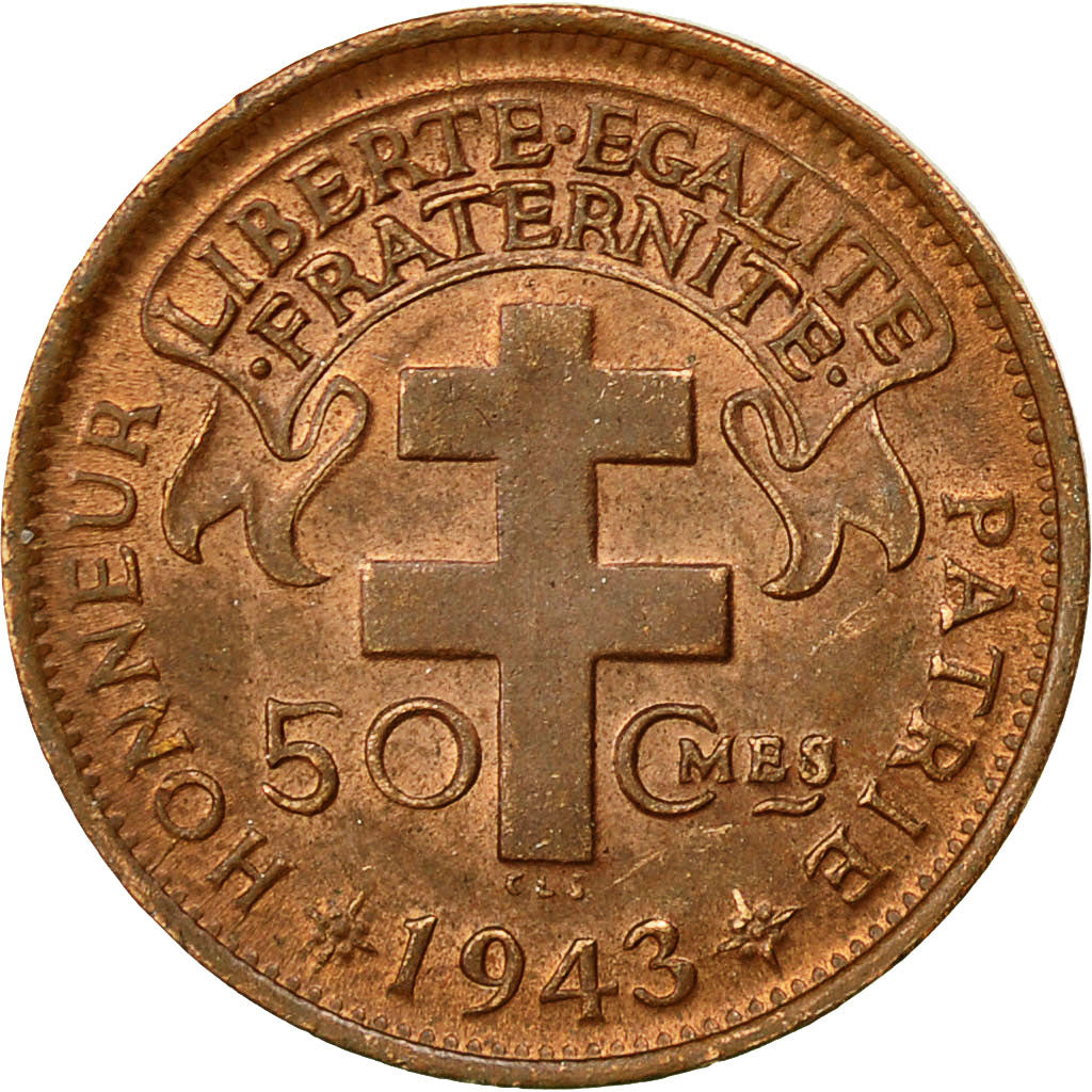 French Equatorial Africa, 50 Centimes, 1943, Pretoria, EF(40-45), Bronze, KM:1a