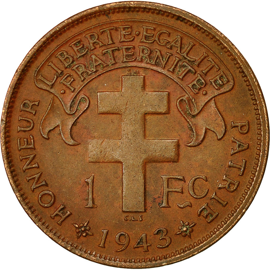 Africa equatoriale francese, Franc, 1943, Pretoria, BB, Bronzo, KM:2a