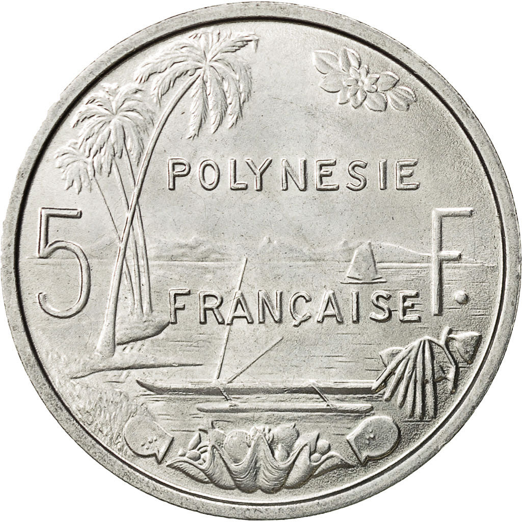 French Polynesia, 5 Francs, 1975, Paris, AU(55-58), Aluminum, KM:12