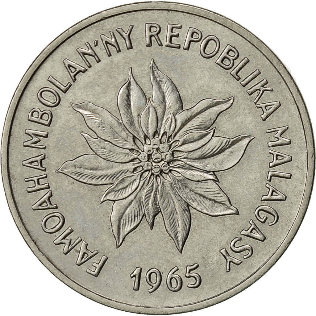 Madagascar, 2 Francs, 1965, Paris, MBC+, Acero inoxidable, KM:9