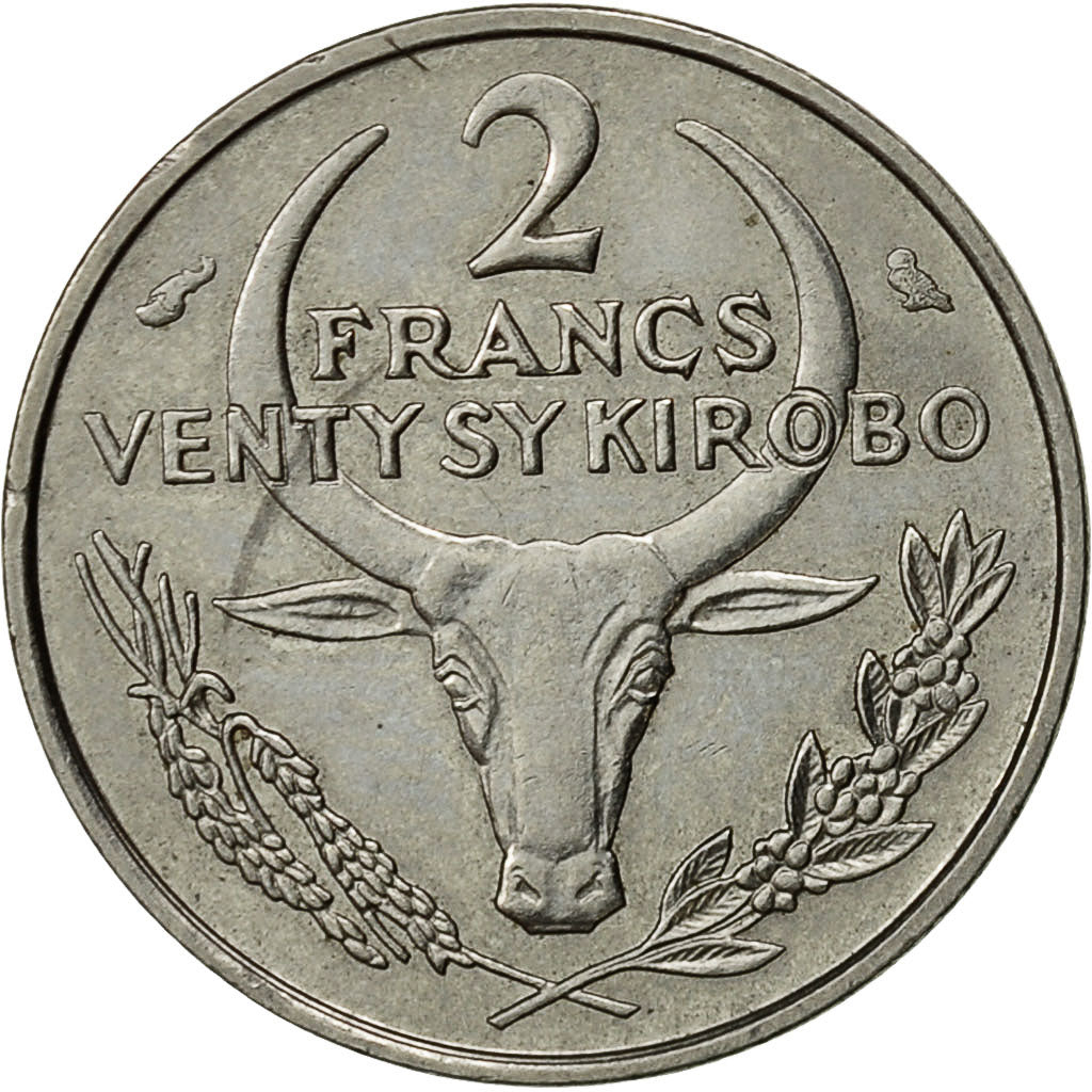 Madagascar, 2 Francs, 1965, Paris, MBC+, Acero inoxidable, KM:9