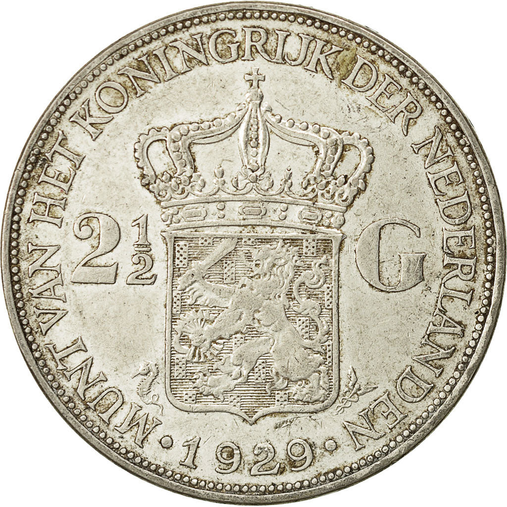 coin, Netherlands, Wilhelmina I, 2-1/2 Gulden, 1929, EF(40-45), Silver, KM:165