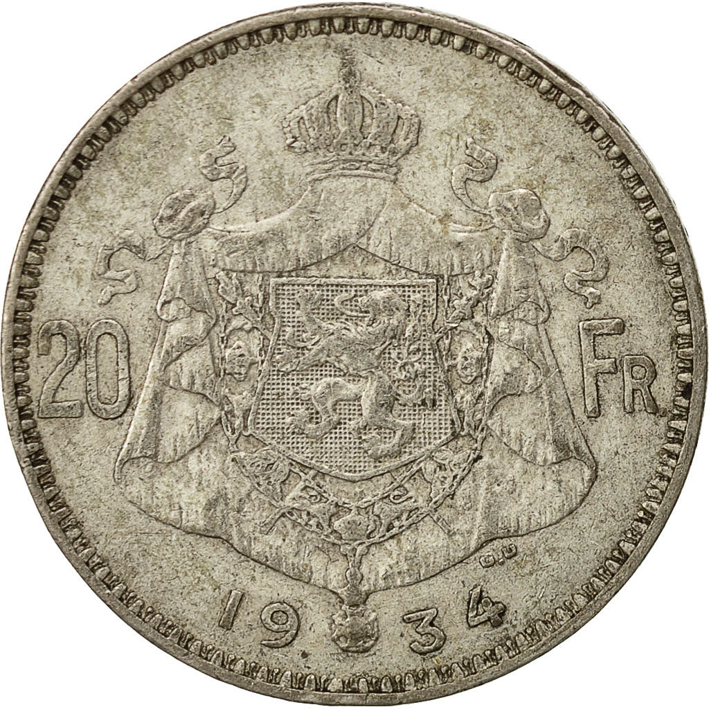 Coin, Belgium, 20 Francs, 20 Frank, 1934, EF(40-45), Silver, KM:103.1
