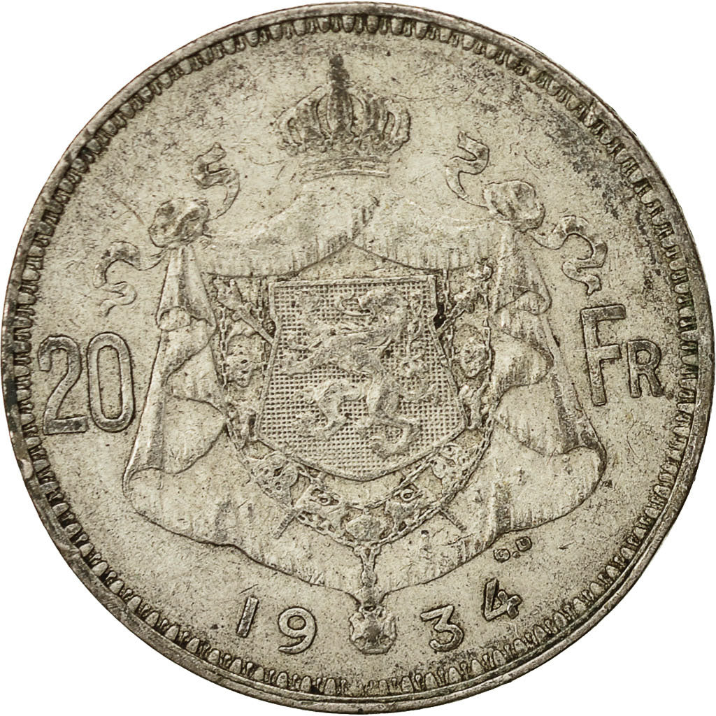 Coin, Belgium, 20 Francs, 20 Frank, 1934, EF(40-45), Silver, KM:103.1