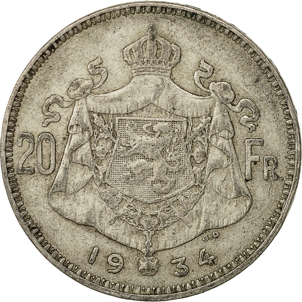 Moneta, Belgio, 20 Francs, 20 Frank, 1934, BB, Argento, KM:104.1