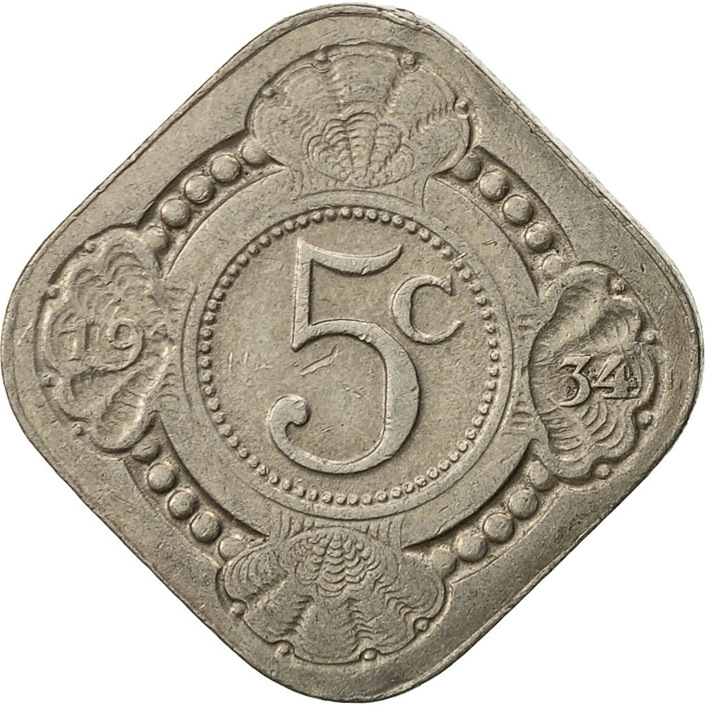 Coin, Netherlands, Wilhelmina I, 5 Cents, 1934, EF(40-45), Copper-nickel, KM:153
